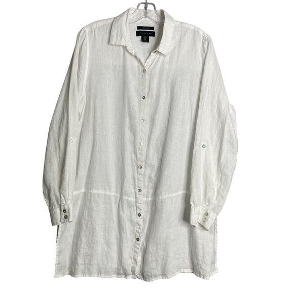 Tahari 100% Linen Tunic Top Womens M White Lagenlook Relaxed Fit Breathable - Picture 1 of 8